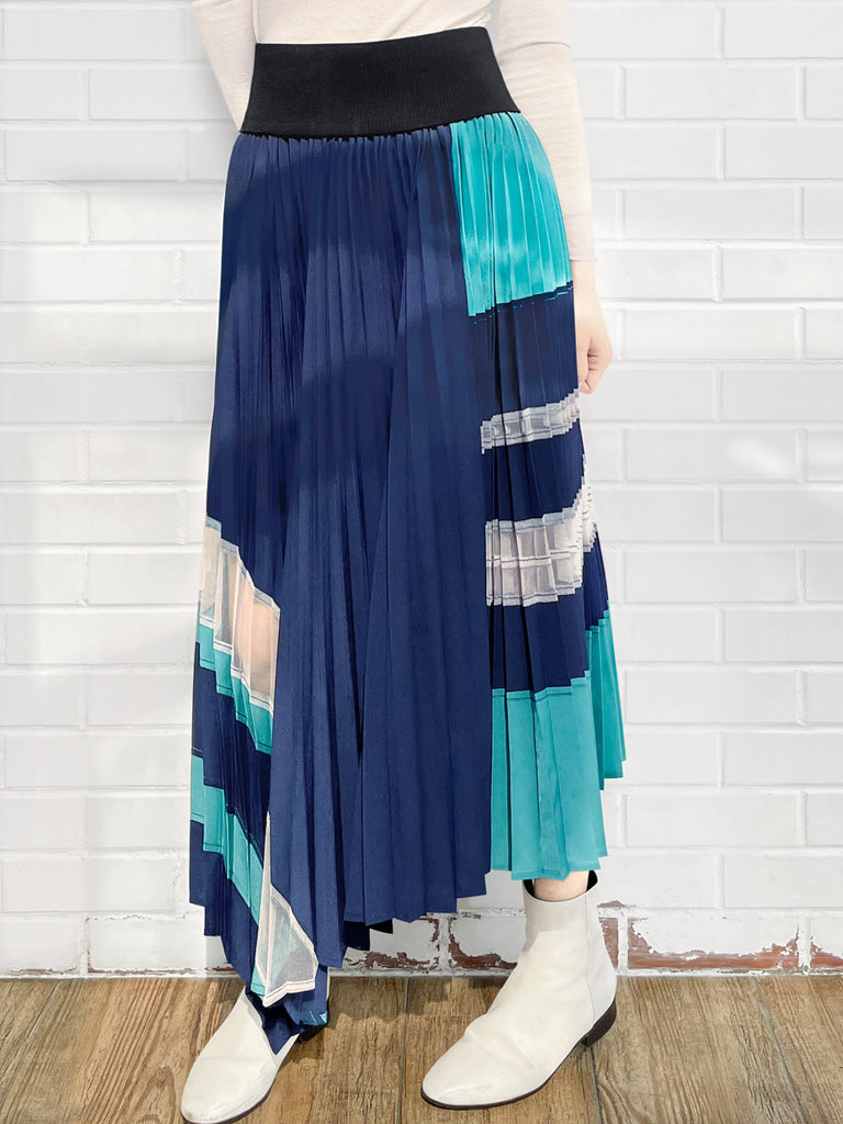 Surprise Sale! Blue Shades Mesh Panels Pleated Handkerchief Hem Skirt