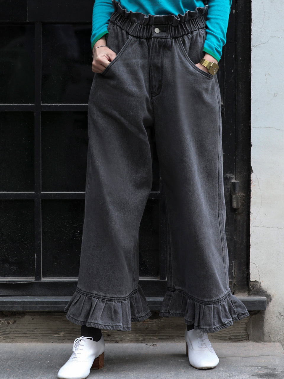 Last Chance! Washed Black Paperbag Waist Ruffle Hem Wide Leg Jean – T Y N V  I E