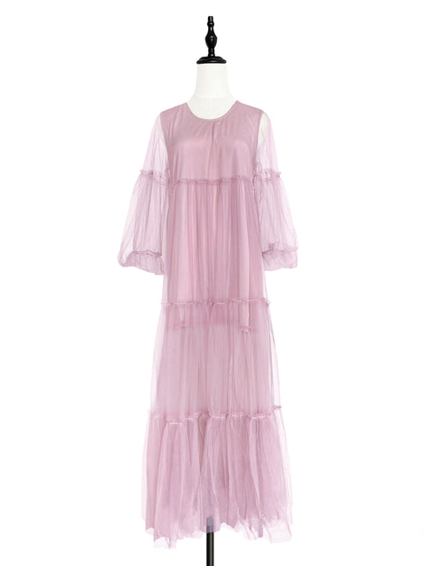 Surprise Sale! Pinky Balloon Sleeve Tiered Ruffle Tulle Maxi Dress