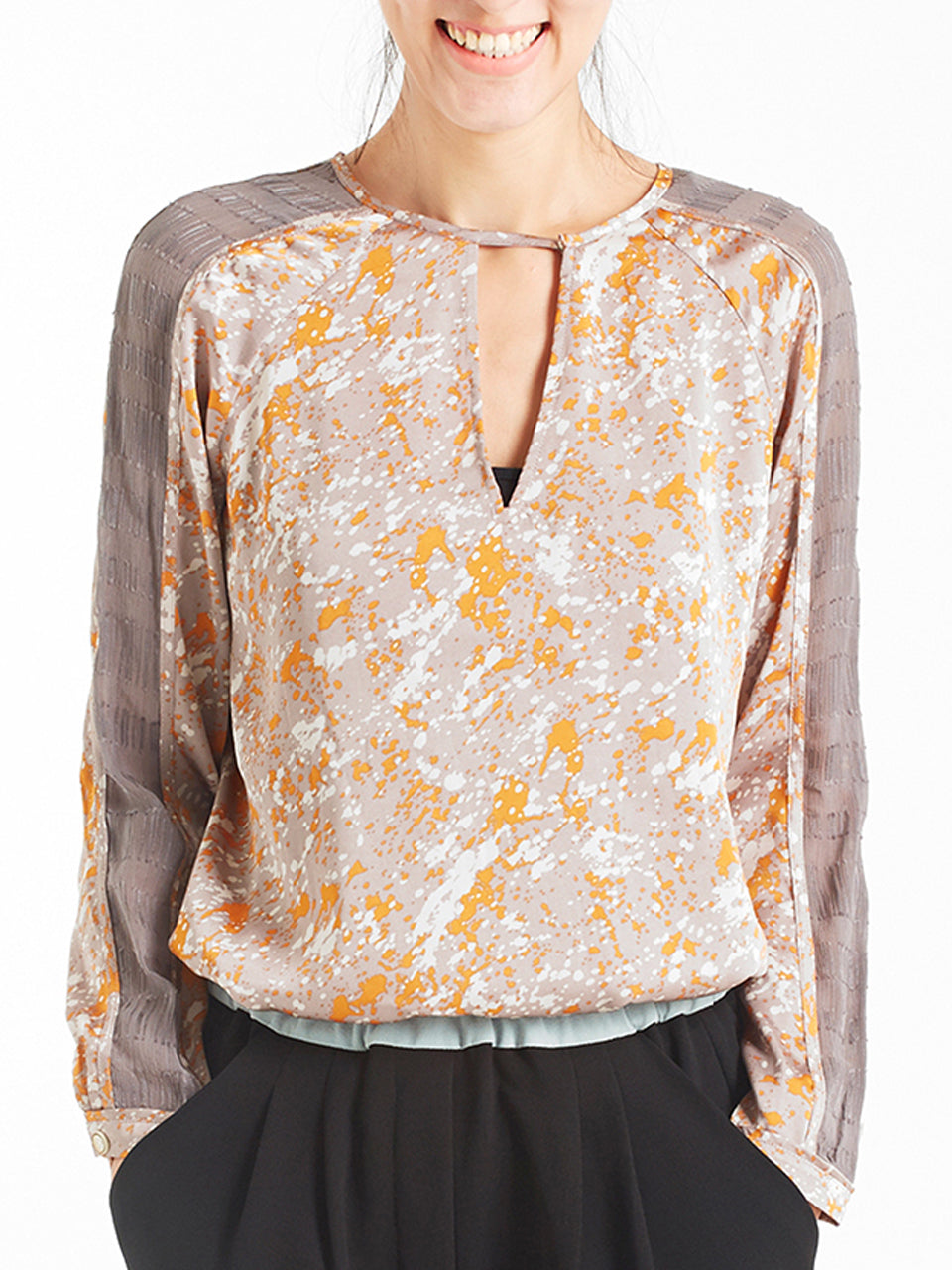 Surprise Sale! Abstract Ink Stroke Printed Keyhole Silk Blouse