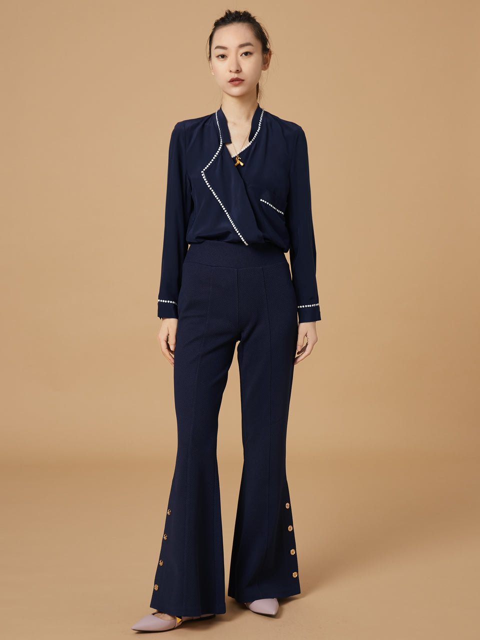Best Seller! Modern Navy Flare Leg Pull On Button Pants – T Y N V I E