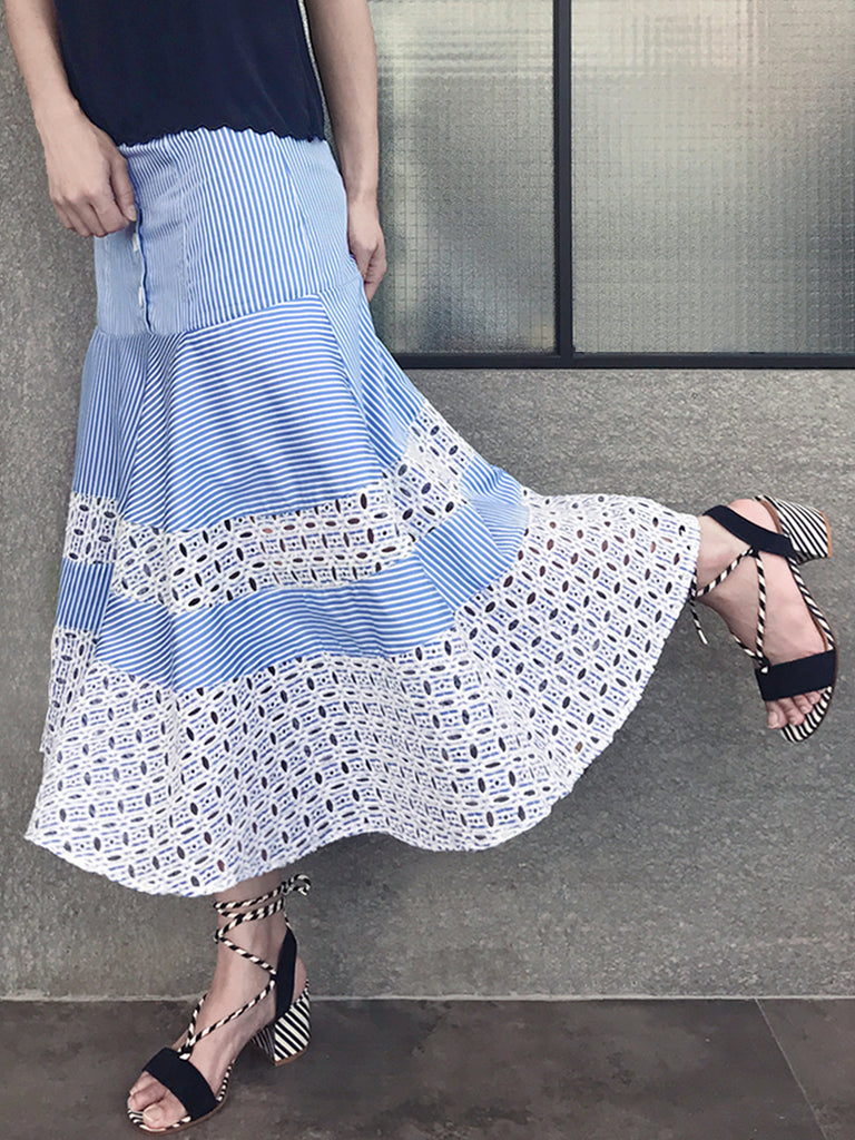 Final Sale! Blue Stripe Embroidered Lace Ruffle Midi Skirt