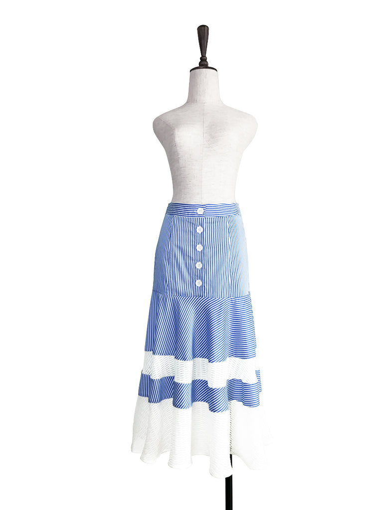 Further Sale! Blue Stripe Geometric Lace Ruffle Midi Skirt