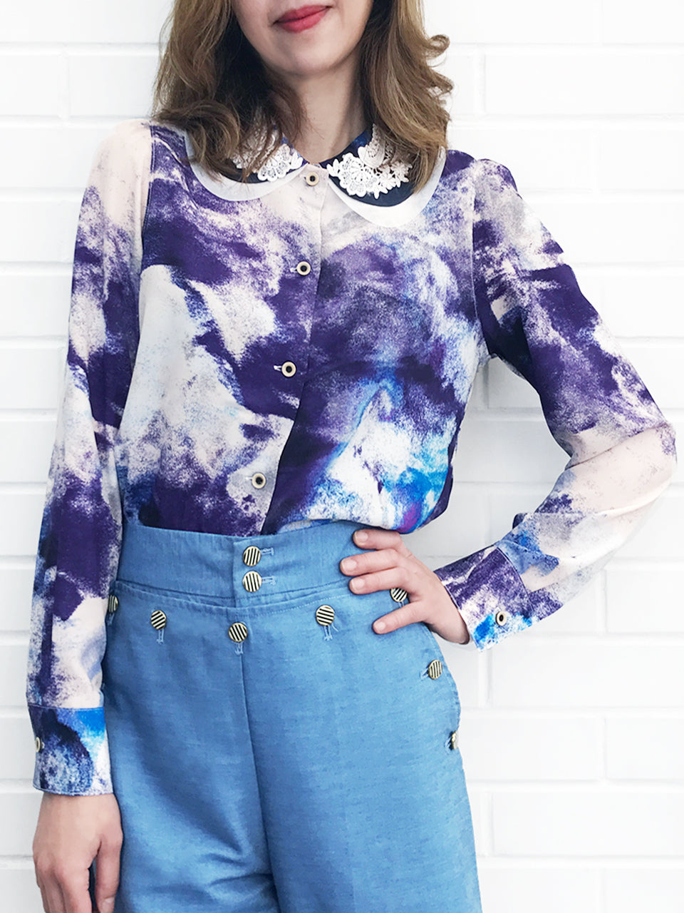 Further Sale! Double Peter Pan Lace Collar Print Blouse