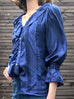 Further Sale! Blue Silk Ruffle Collar Pleats Panel Blouse