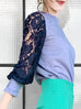 Blue Stripe Navy Lace Sleeves Ruffle Collar Blouse