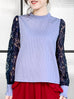 Blue Stripe Navy Lace Sleeves Ruffle Collar Blouse
