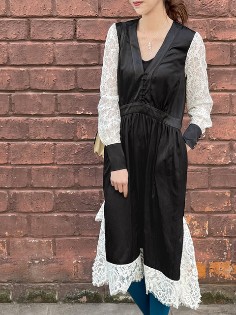 Surprise Sale! Satin Black Lace Panelled V-neck Handkerchief Dress