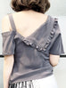 Surprise Sale! Grey Flirty Cold Shoulder Asymmetrical Ruffle Silk Top