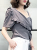 Surprise Sale! Grey Flirty Cold Shoulder Asymmetrical Ruffle Silk Top