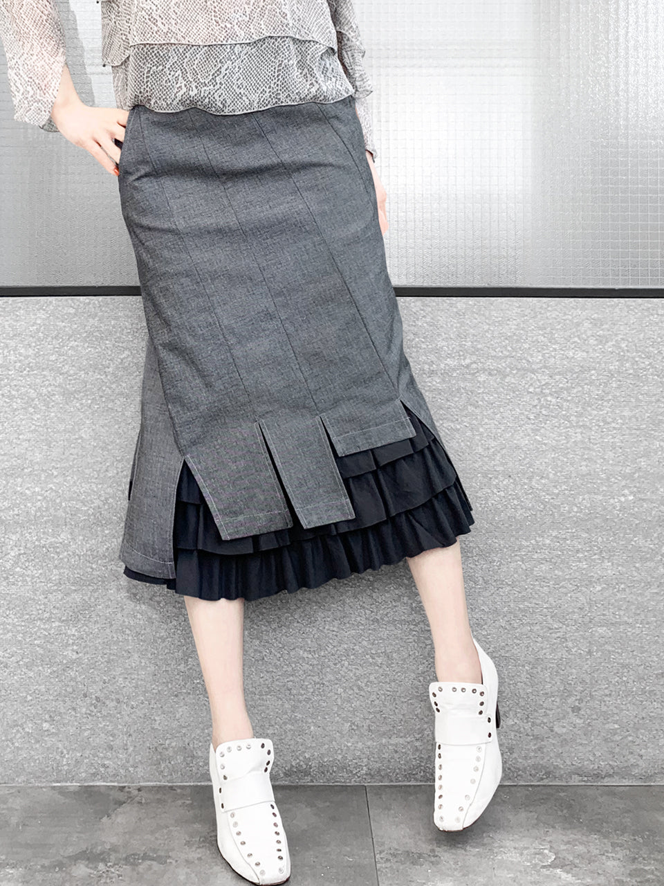 Last Chance! Black Denim Swirl Seam Layered Ruffle Hem Fitted Skirt