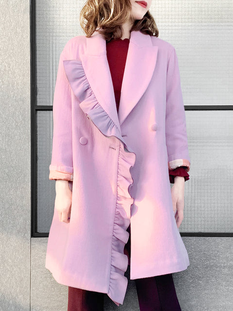 Surprise Sale! Sweet Pink Layered Ruffle Trim Woolly Cocoon Coat