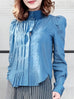 Surprise Sale! Light Denim Pleat Front Puff Sleeve Button-Up Tencel Blend Shirt