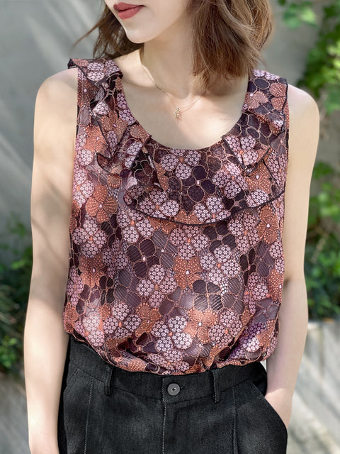 Last Chance! Pinky-Orange Floral Lace Ruffle Neck Lined Tank