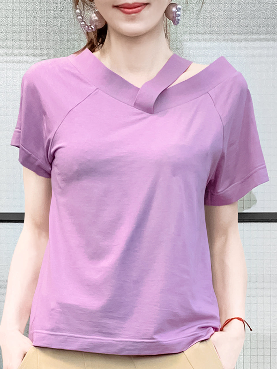 Surprise Sale! Tender Lavender Asymmetrical Shoulder 2-Way Cotton T-Shirt