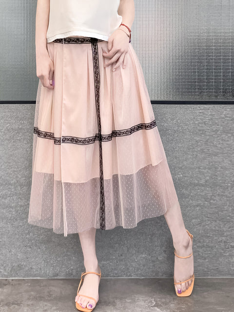 Last Chance! Blush Pink Lace Trim Tulle Layer Pleated Wrap Skirt