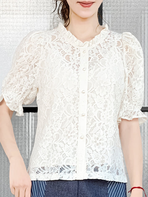 Surprise Sale! Creamy Ivory Ruffle Trim Puff Sleeve Guipure Lace Top