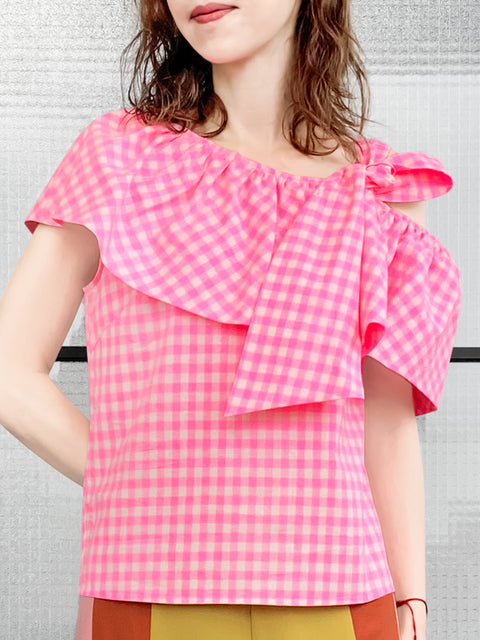 Last Chance! Pink Check Asymmetrical Stripe One-Shoulder Ruffled 2-way Top