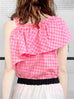 Surprise Sale! Pink Check Asymmetrical Stripe One-Shoulder Ruffled 2-way Top