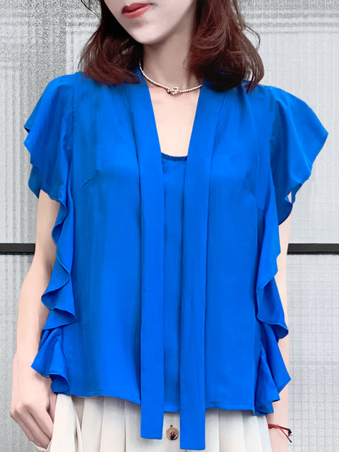 Final Sale! Vivid Blue Frills Ruffle Tie Neck Silky Top