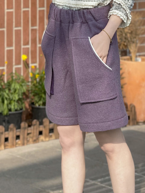 Surprise Sale! Dusty Lilac Elastic Waist Patch Pockets Wool Shorts