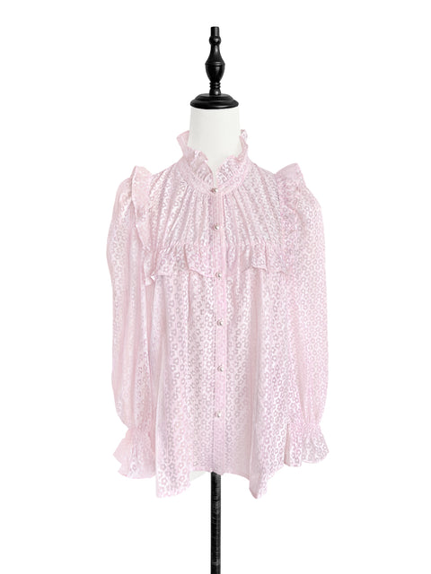 Last Chance! Pink Floral Daisy Lace Striped Ruffle Button-Up Blouse
