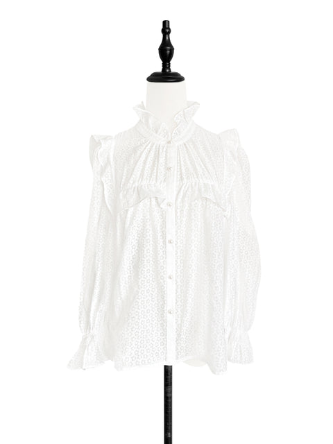 Last Chance! White Floral Daisy Lace Striped Ruffle Button-Up Blouse