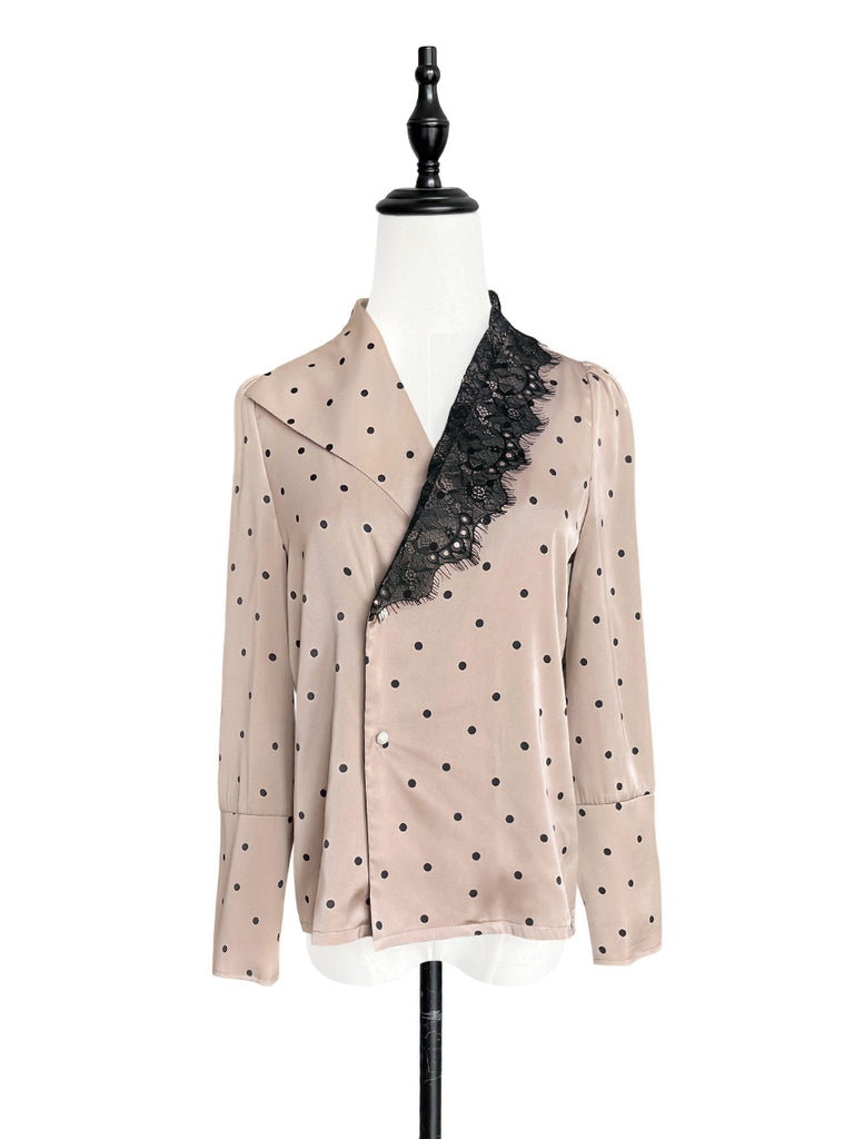 Surprise Sale! Fallow-pink Dots Asymmetrical Lace Collar Long Sleeve Airy Shirt