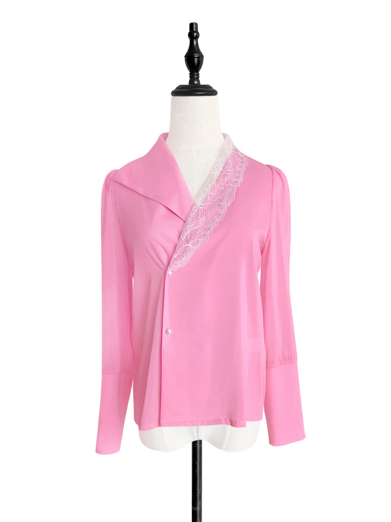 Last Chance! Vivid Pink Asymmetrical Lace Collar Long Sleeve Silk Shirt