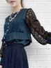Last Chance! Dark Teal Pleated Detail Lace Sleeve Silk Blouse