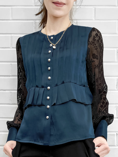 Last Chance! Dark Teal Pleated Detail Lace Sleeve Silk Blouse