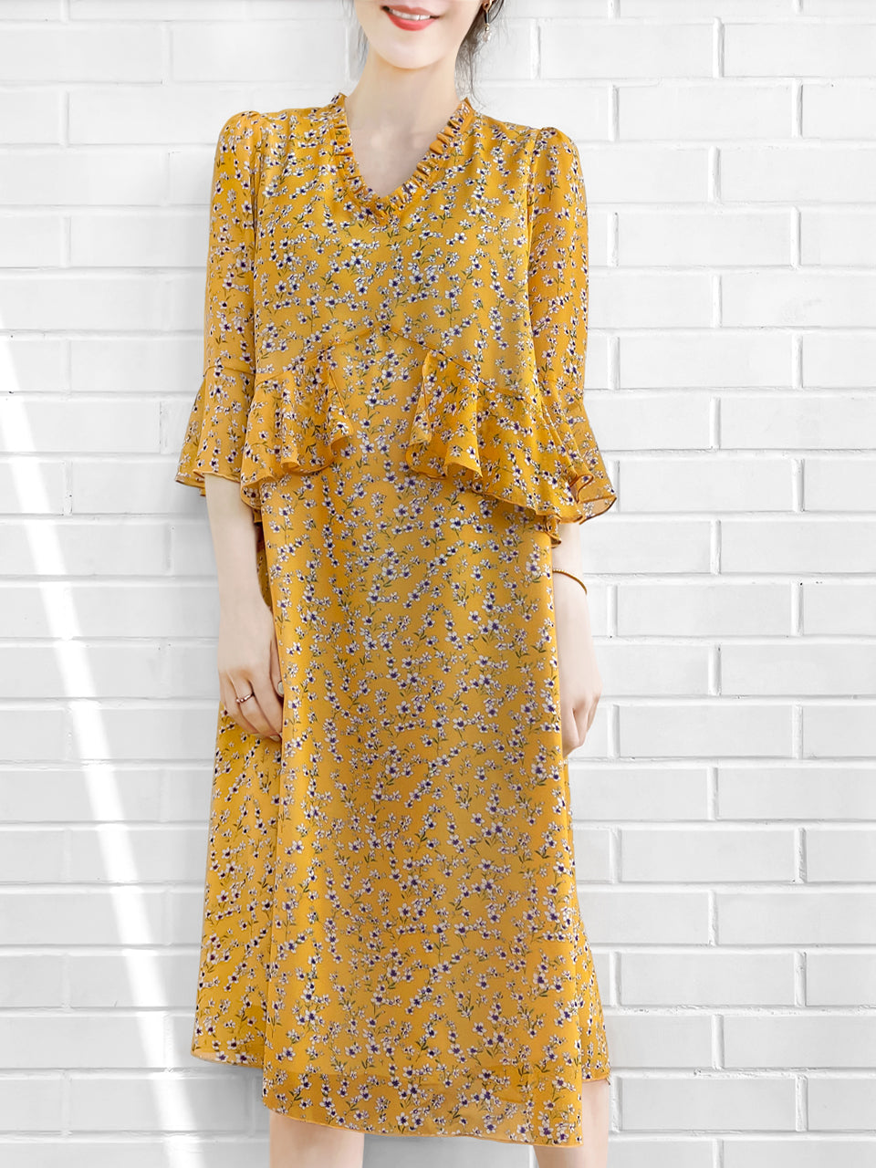 Surprise Sale! Yellow Flowers Print Ruffle Elbow Sleeve Airy Dress