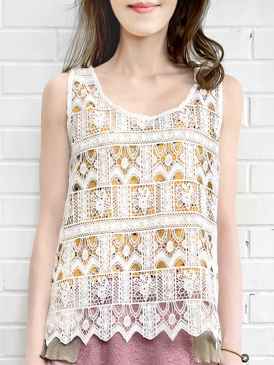 Surprise Sale! White Crochet Lace Relax Tank With Floral Camisole Lining