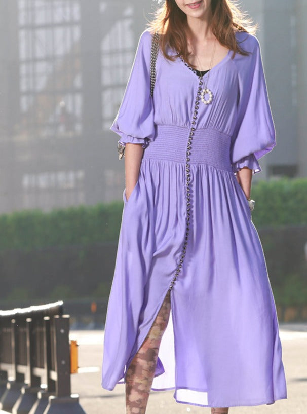 Surprise Sale! Shiny Purple V-neck Button Front Midi Dress