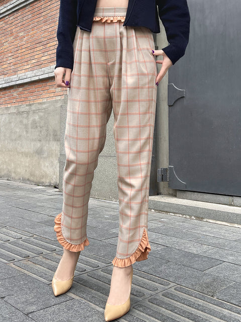 Surprise Sale! Sunset Orange Check Ruffle Waist Tapered Ankle Woolly Trousers