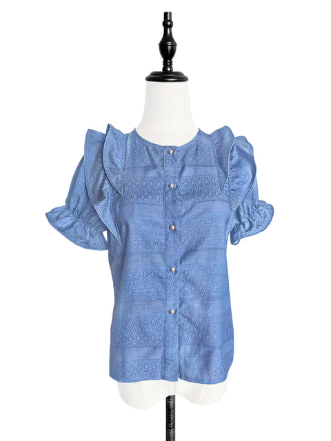 Final Sale! Porcelain Blue Embroidered Ruffle Puff Sleeve Airy Blouse