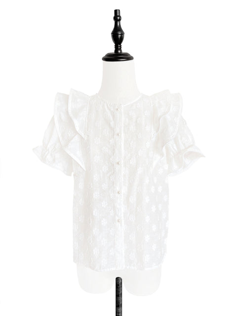 New Colour! White Embroidered Ruffle Puff Sleeve Airy Blouse