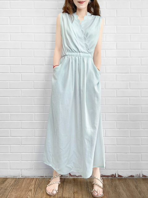 Surprise Sale! Pale Blue Scallop Detail Tie Waist Maxi Dress