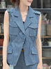 Chambray Blue Elastic Waistline Sleeveless Utility Jacket