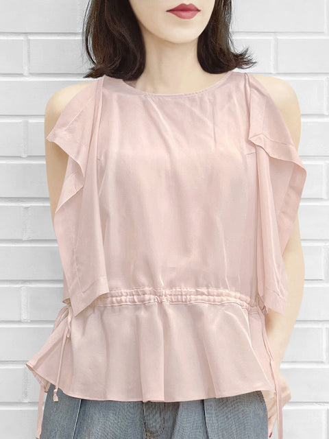Surprise Sale! Light Pink Drawstring Waist Drape Edge Sleeveless Silk Top
