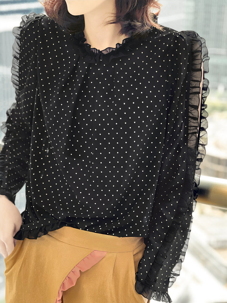 Dotty Ruffle Cut Out Sleeves Jersey Blouse