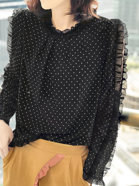 Surprise Sale! Dotty Ruffle Cut Out Sleeves Jersey Blouse