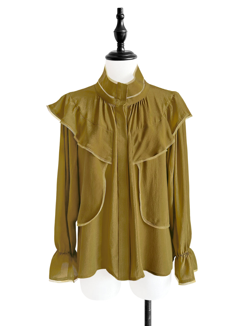 Olive Shades Mesh Trim Stand Collar Silky Blouse