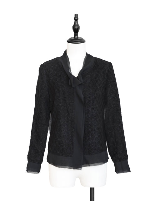 Tonal Black Chiffon Trimmed Open Front Tweed Knit Jacket