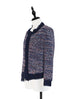 French Navy Chiffon Trimmed Open Front Tweed Knit Jacket
