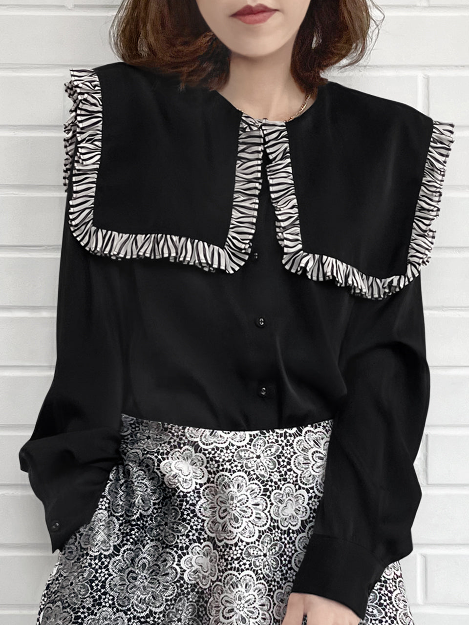 Black/ Zebra Trim Ruffle Collared Silk Shirt
