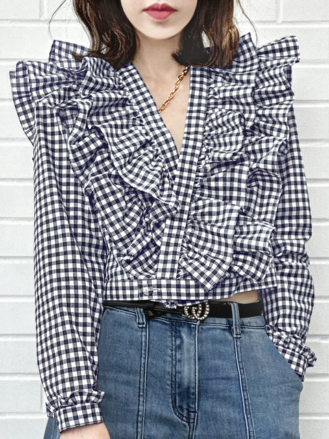 Last Chance! Navy Gingham Cotton Blend Ruffled Wrappy Crop Top