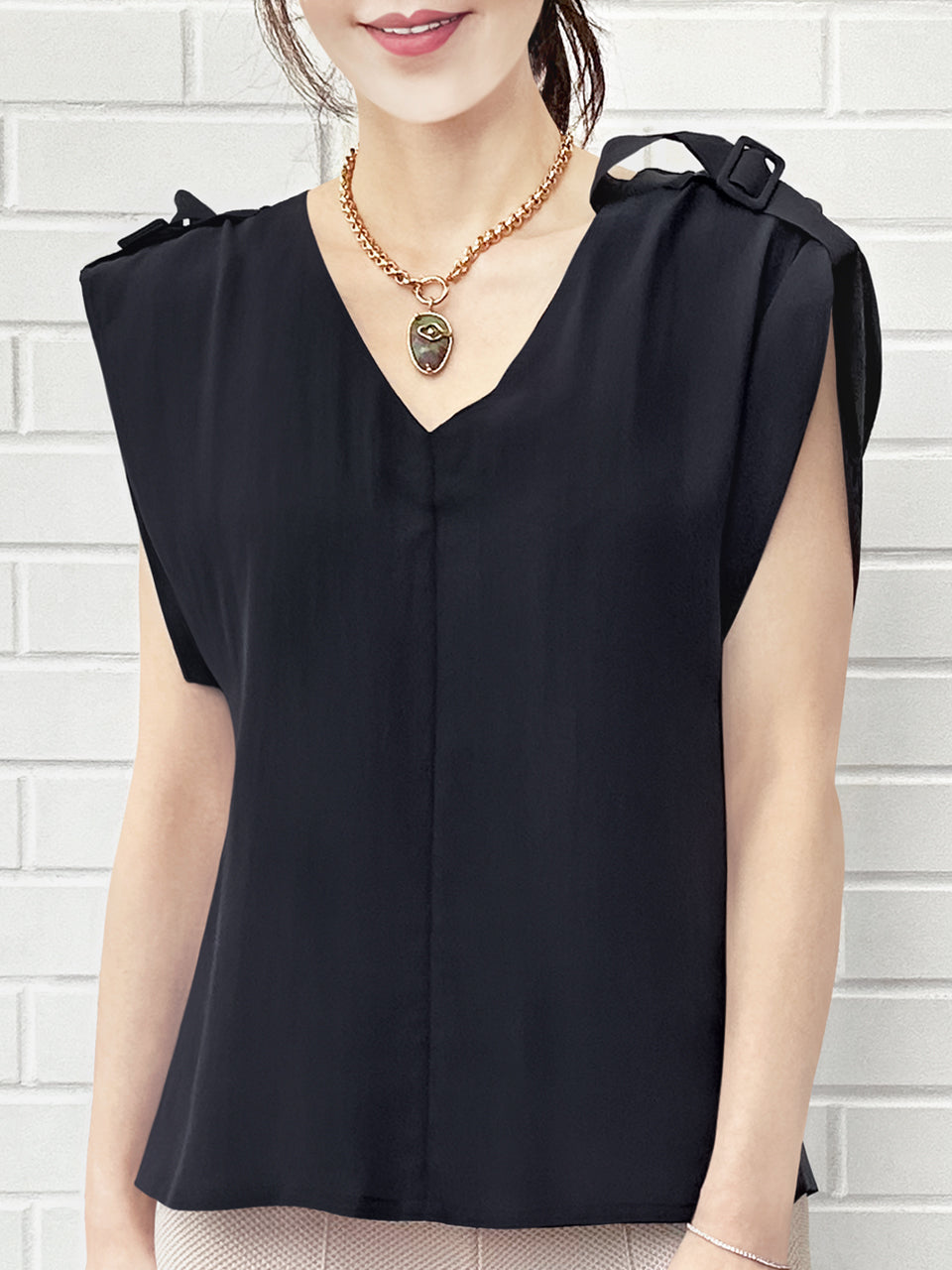 Midnight Silk V-neck Buckle Detail Roll Up Sleeve Blouse